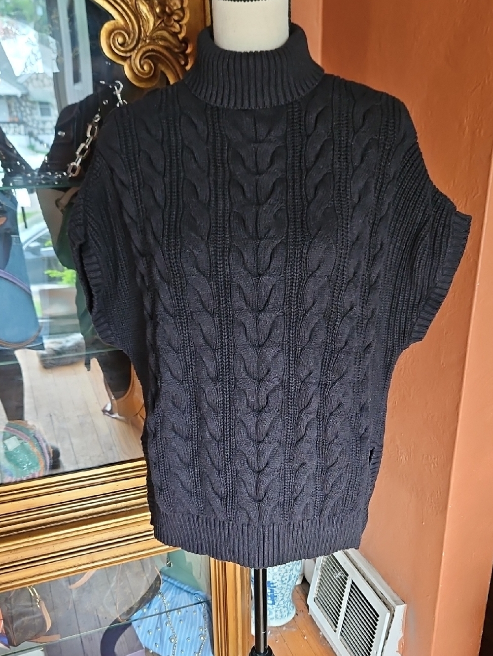 Pact Black Cable-Knit Short-Sleeve Turtleneck Sweater/Poncho